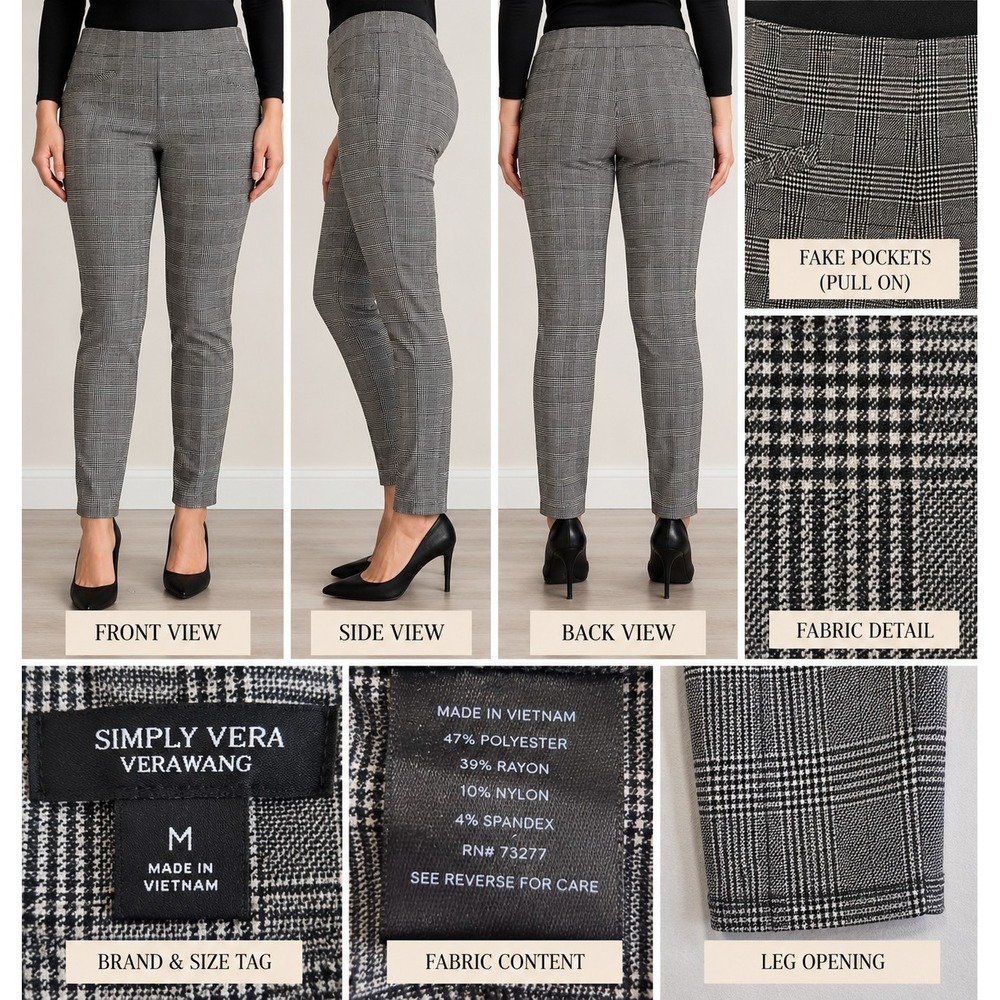 Simply Vera Vera Wang M Skinny Pants Gray Plaid Pull On Stretch Glen Check
